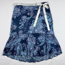 New York Company 10 Silk Satin Blue Floral Print Midi High Waist Skirt