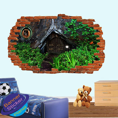 HOBBIT HAUS IM WALD 3D ZERSCHLAGEN WANDAUFKLEBER KUNST ZIMMER DEKOR AUFKLEBER WANDBILD ZC6