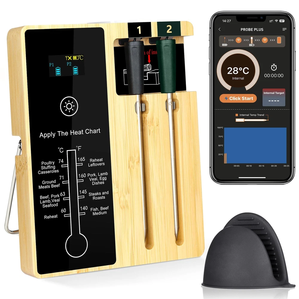 Kitcanis Meat Thermometer Wireless, 2 Probe 572FT Long Range Bluetooth Meat T...