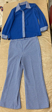 Vintage Mid Century Womens Mod Blue Knit Top  Checkered Pants Set 1960's Disco
