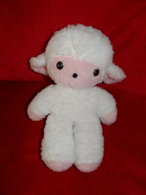 Vintage Doudou Peluche Mouton Blanc et Rose Marque Inconnue 27 cm