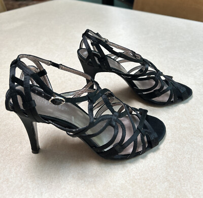 Nine West Frida black satin high heel sandal, sling back, strappy, size 6M 