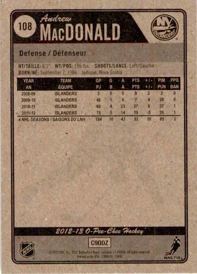 2012-13 O-Pee-Chee Andrew MacDonald #108 - Image 2 of 2