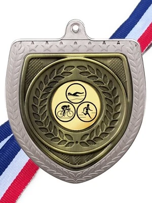 SMARTBADGE Triathlon Award 87 mm medaglia e nastro Cobra d'argento (A1) inciso gratuitamente