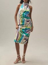 Bhldn By Anthropologie Simone Printed Halter Satin Midi Dress Ruched S 272423