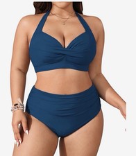 Women's Two Piece Swimsuit High Waisted Bikini Halter Vintage Retro blue size L