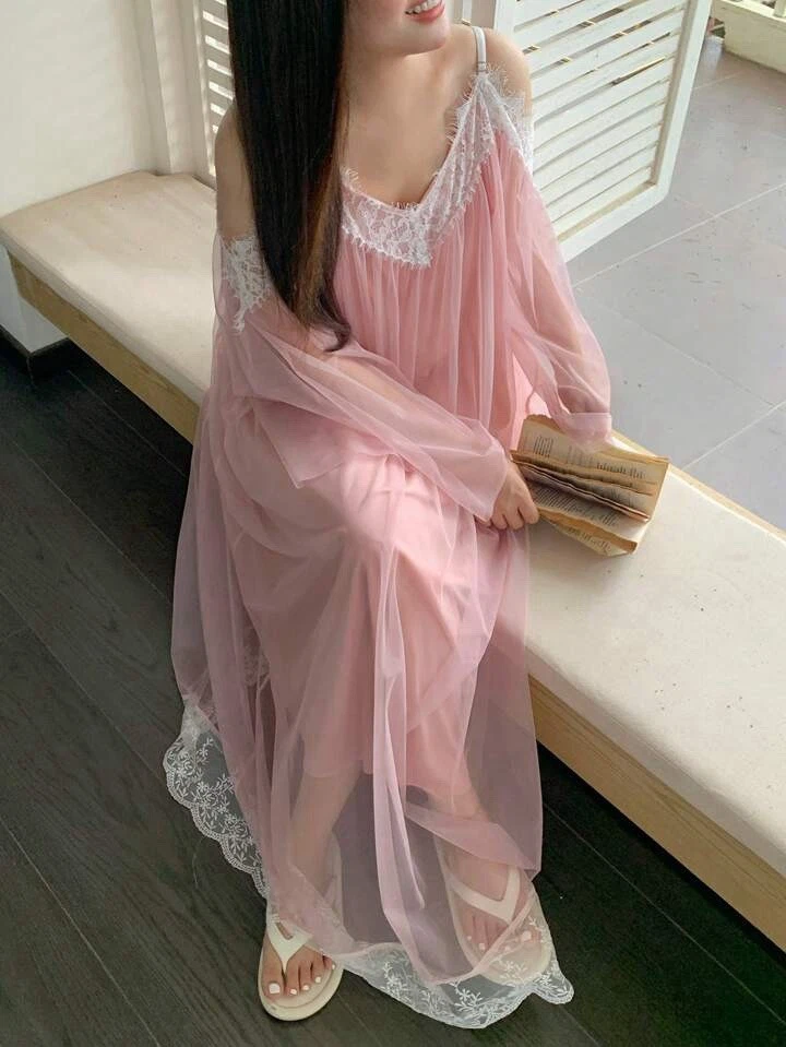 New SHEER Chiffon Nightgown Off Shoulder PLUS 3X 3Xl 18 Slip Dress Wide LACE - Image 4 of 4