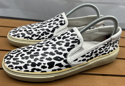 SAINT LAURENT Black/White Leopard Print Leather Slip-On Sneakers Size 38.5/8.5