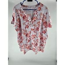 Blair Womens 2XL Floral Henley Short Sleeve Top White Orange Red Plus Size