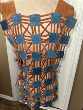 Vintage 70's Hippie Suede Leather Cut Squares Blue Brown Vest Made In Mexico