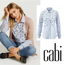 Cabi Whitney Shirt Blue/White Stripe With Floral Print Beautiful Size Large