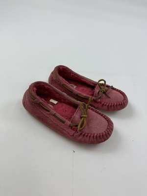 Minnetonka Moccasin Slippers Girls Size 2 Pink Suede Faux Fur Lined 48357