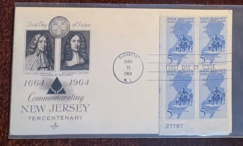 #1247 New Jersey Tercentenary plate block FDC on ArtCraft cachet