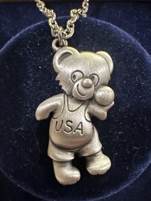 Pewter Misha the Bear Olympic mascot pendant from 1980 Moscow Summer Olympics.