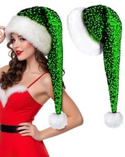 Long Santa Hat Adults Unisex Sequin Green Christmas Cap Xmas Holiday Party