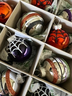 Radko SHINY BRITE HALLOWEEN Glass Ornament Set Spiderwebs Stripes Orange Purple