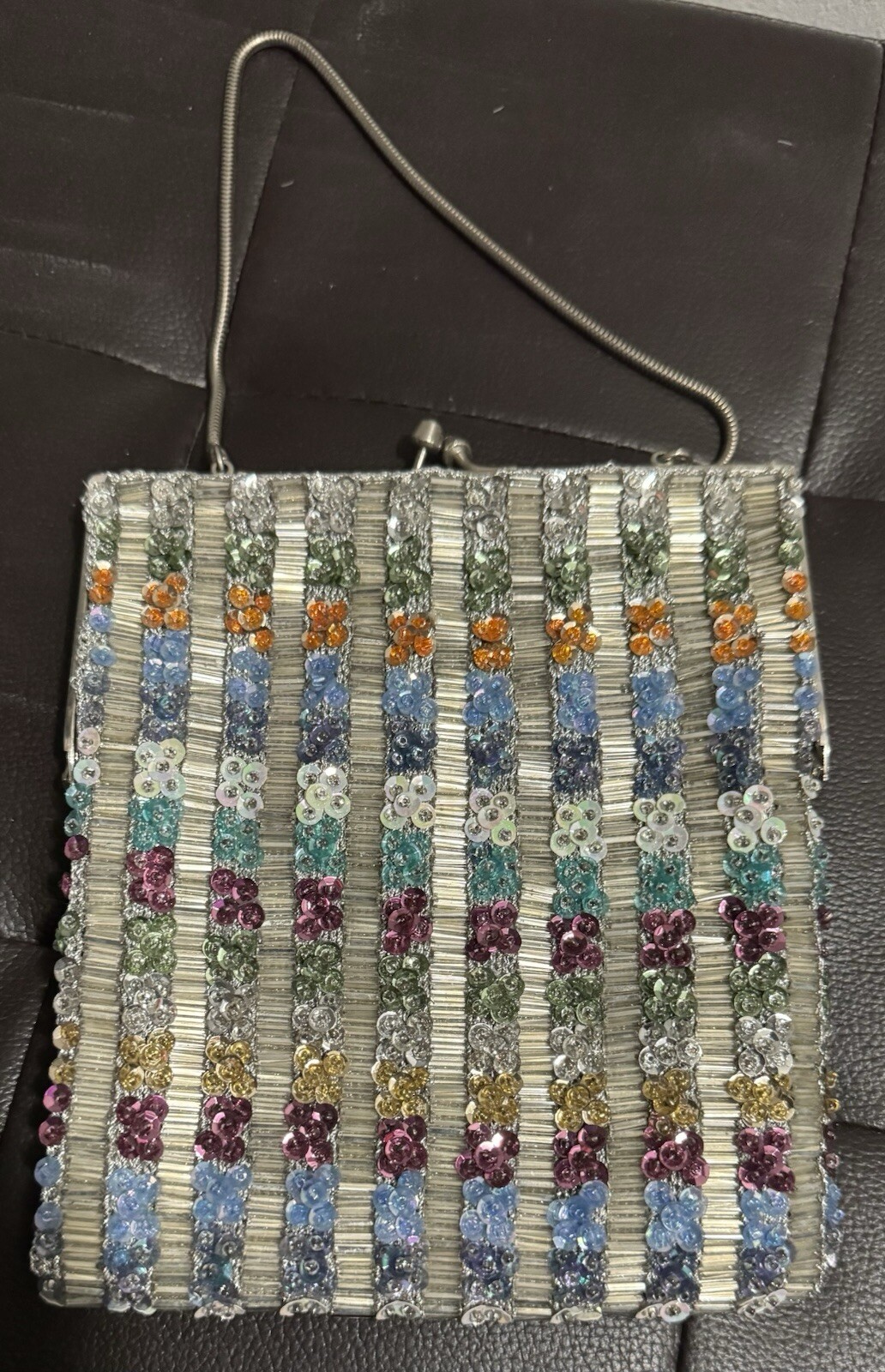 Vtg Multicolored Hand Beaded Sequined Evening Bag… - image 1