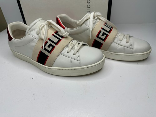 Gucci Ace Stripe Sneakers Men US 8.5 Logo Leather Shoes Low Tops Italy 523469 - Picture 3 of 11