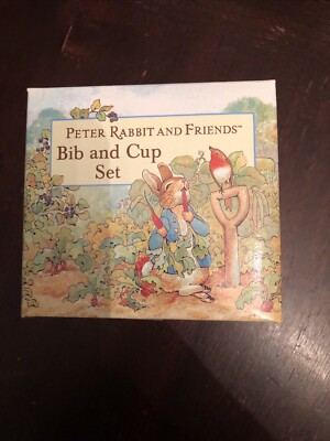 VTG Peter Rabbit New in the Box Vinyl Bib Two-Handled Plastic Sippy Cup Set Eden