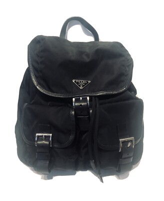 PRADA Black Nylon Leather Buckle Backpack Bag