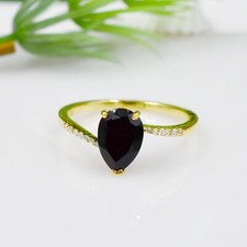 Natural Black Onyx Pear Cut Ring Sterling Silver Ring Promise Solitaire Ring