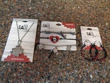 Saw Jewelry Set Locket Necklace, Bracelet Set 3, Bloody Hoop Earrings Jigsaw New