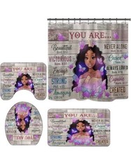4 Sets Black Girl Shower Curtain Sets with Bath Rugs Set,Rustic African Afro Tub