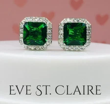 3 CT emerald diamond stud earrings 14K white gold plated halo lab created