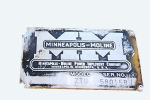 Vintage Minneapolis-Moline Tractor Model ZTU Serial Plate Original Metal Tag