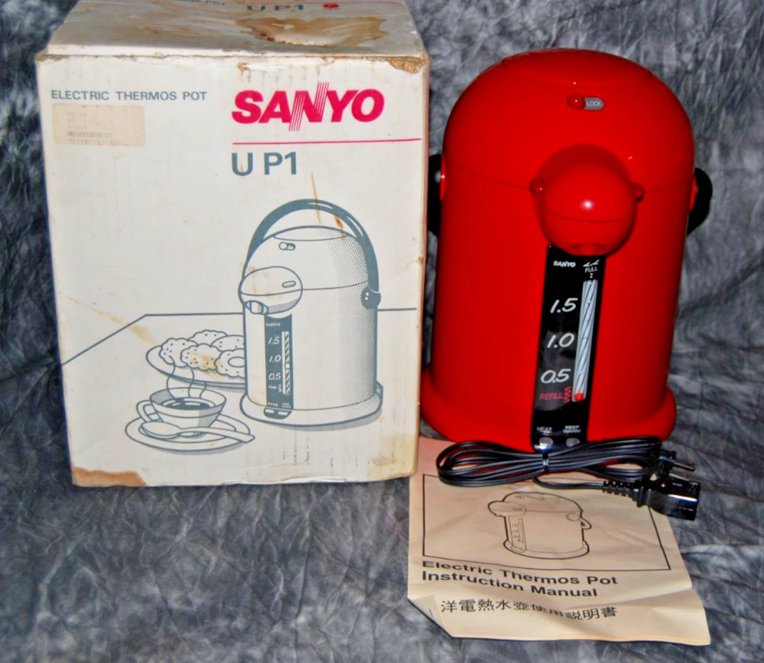 New Rare Vintage Sanyo MCM Electric Thermos Pot UP1 Red Complete Kettle Retro