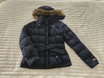 Hollister Co Down Coat Navy Blue Button Zip Puffer Jacket Faux Fur