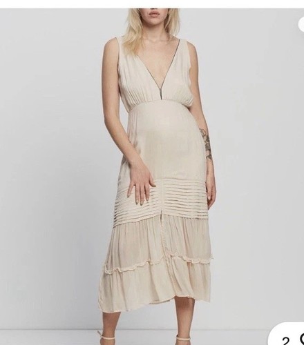 NWT Aura The Label Lauren Midi Dress Plunging V Neck Cream Large Slit Boho Chic