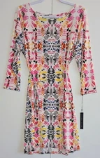 Ivanka Trump Belted Dress Size Large Geometric 3/4 Sleeve White Colorful NEW