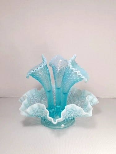 Vtg Fenton Diamond Lace Hobnail Blue Opalescent Epergne 10" Wide Victorian Style