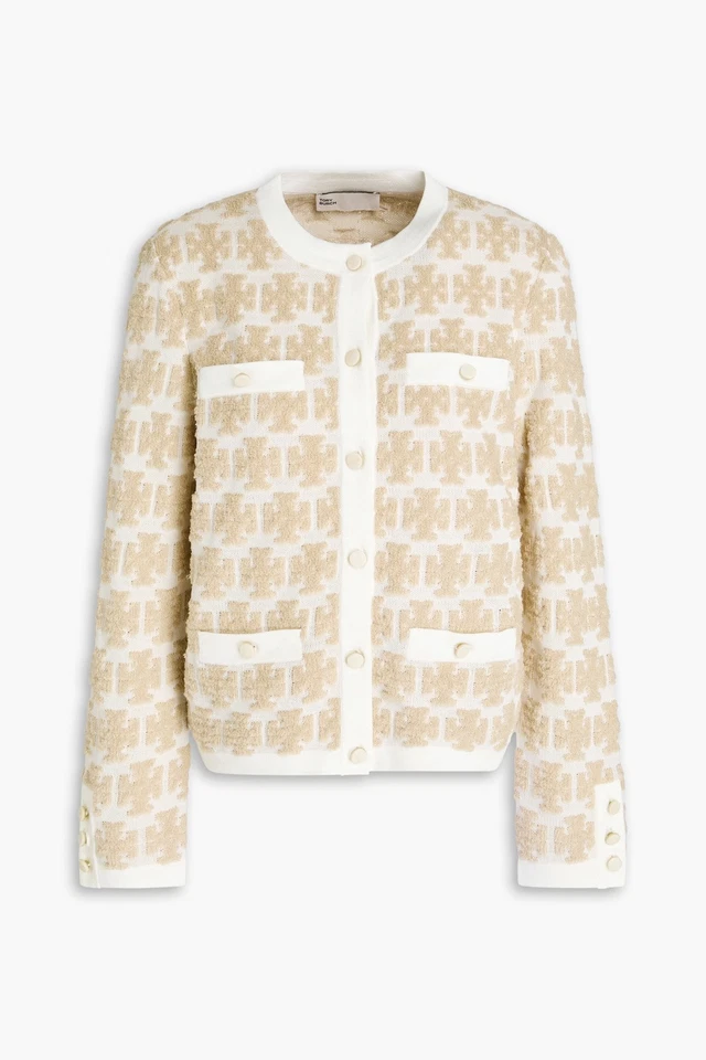 RRP €494 TORY BURCH Kendra Velvet Boucle Knit Jacket Size S Ivory Logo Crew Neck - Image 3 of 4