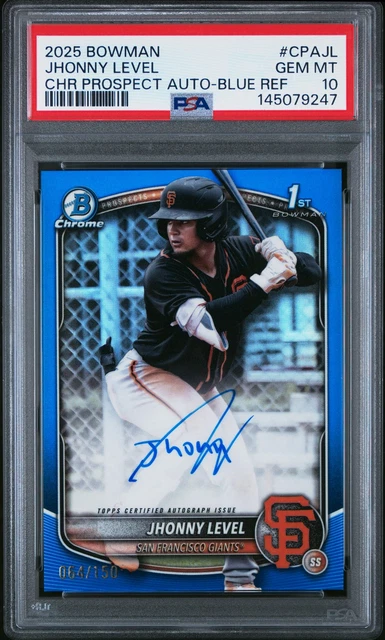 2025 BOWMAN CHROME PROSPECT AUTOS BLUE REFRACTOR JHONNY LEVEL 64/150 PSA 10
