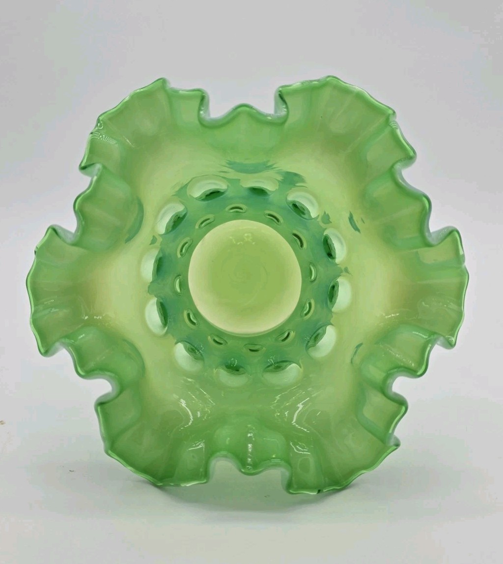 Vintage Fenton Glass Lime Green Opalescent Coin Dot Ruffled Vase