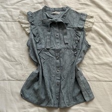 Axes Femme Dusty Blue Blouse Lace Cap Sleeve Bow Ruffle Button M Japan
