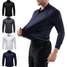 Mens Slim Fit Formal Shirt Super Stretch Long Sleeve Plain Work Wear Collared