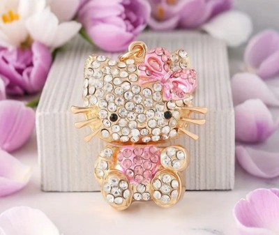 Hello Kitty Keychain Rhinestone Crystal PINK Bow Key Ring Purse Charm