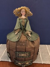 RARE ANTIQUE FRENCH BISQUE DOLL SILK SEWING BOX WITH DRAWER AND ACCESSORIES FAB!