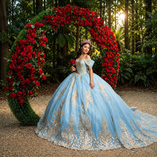 Size 2 Light Blue Quinceanera Dress Gold Embroidery Lace Prom Ball Gown Sweet 16