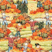 Fall Fabric Golden Days Scarecrow Pumpkin Field Scene Blank YARD