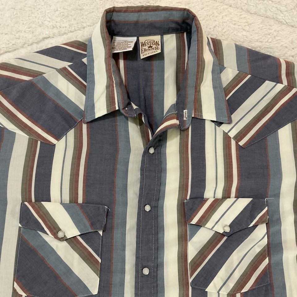 Vintage Western Frontier Shirt Mens 2XLT Striped Pearl Snap Short