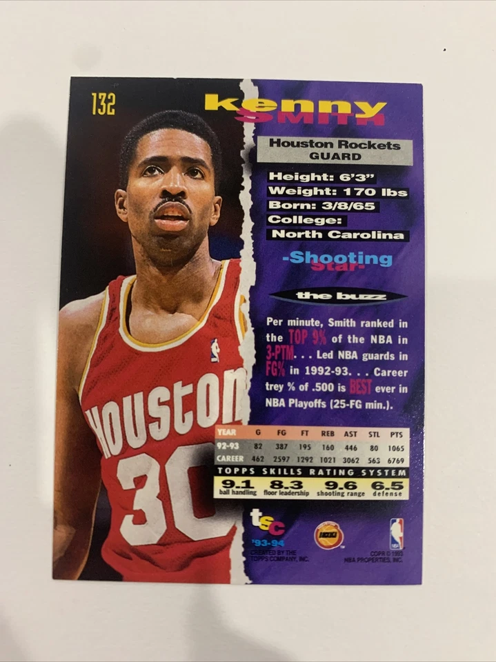 1994 Topps No132 Houston Rockets Кенни Смит - Изображение 2 из 3