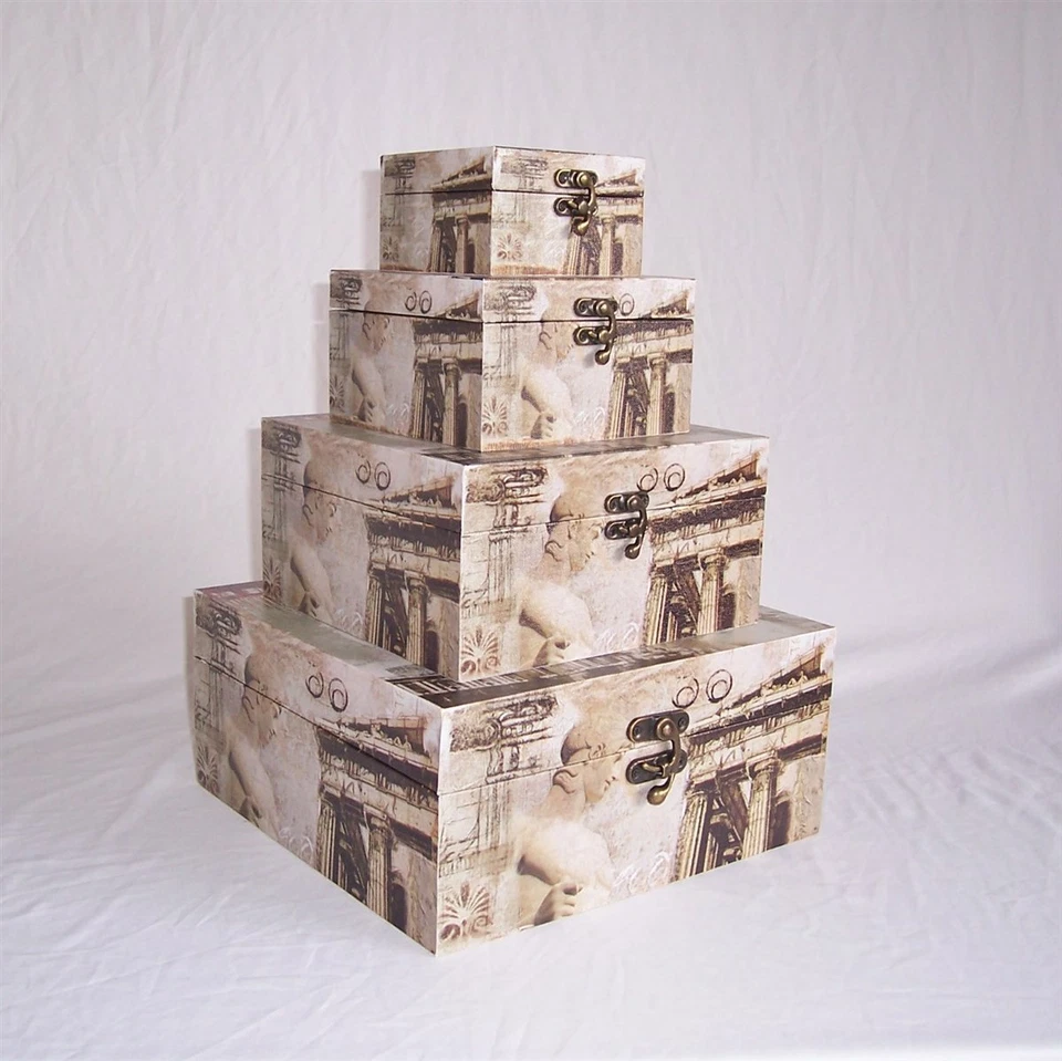 459 Massivholz Box 4er Set  mit Leinenoptik Schatzkiste Holzkiste Holzbox - Bild 2 von 4