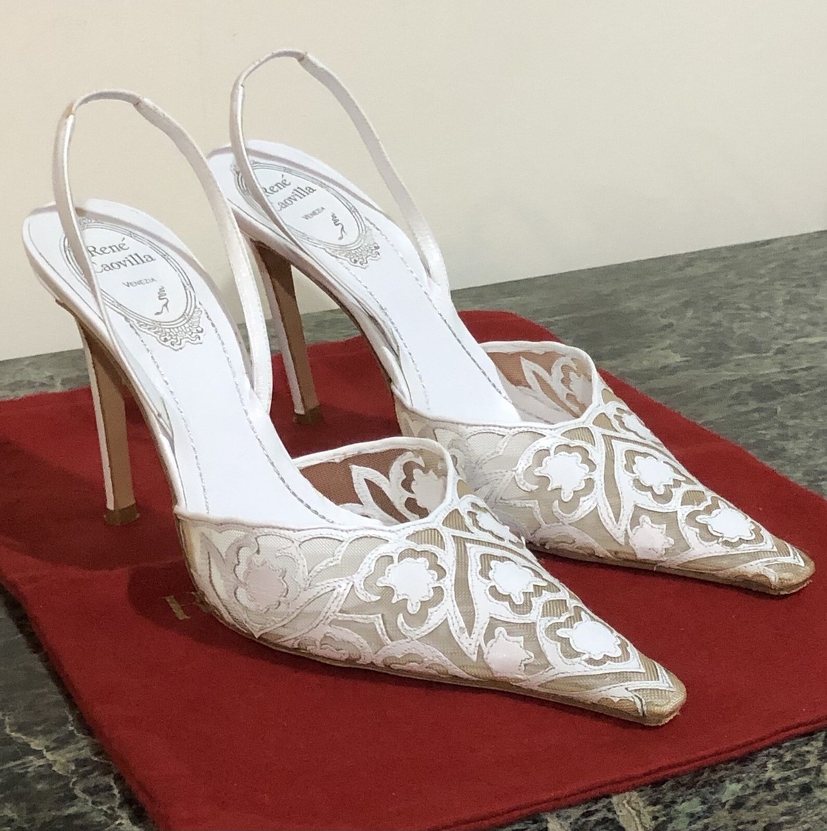 $1395 Rene Caovilla White Sheer Leather Lace Shoes Pumps Slingback