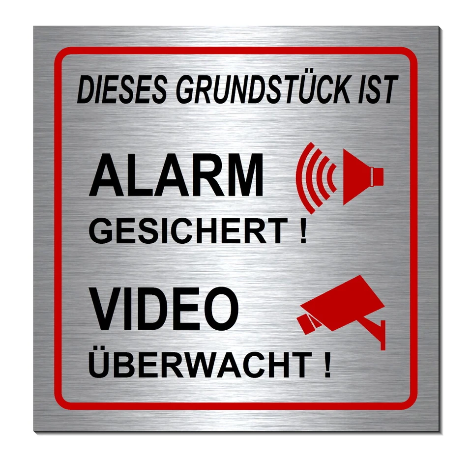 DESI-SCHILDER Grundstück-Alarm-Video-Alu-Edelstahl-Optik-19 x 19 cm-Warnschild-Video-Schild