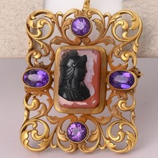 Antique Victorian 10k Gold Amethyst Double Agate Cameo Pendant Brooch Pin 