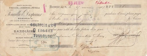 13 francs - bank cheque receipt - Fenaille et Despeaux - 1907